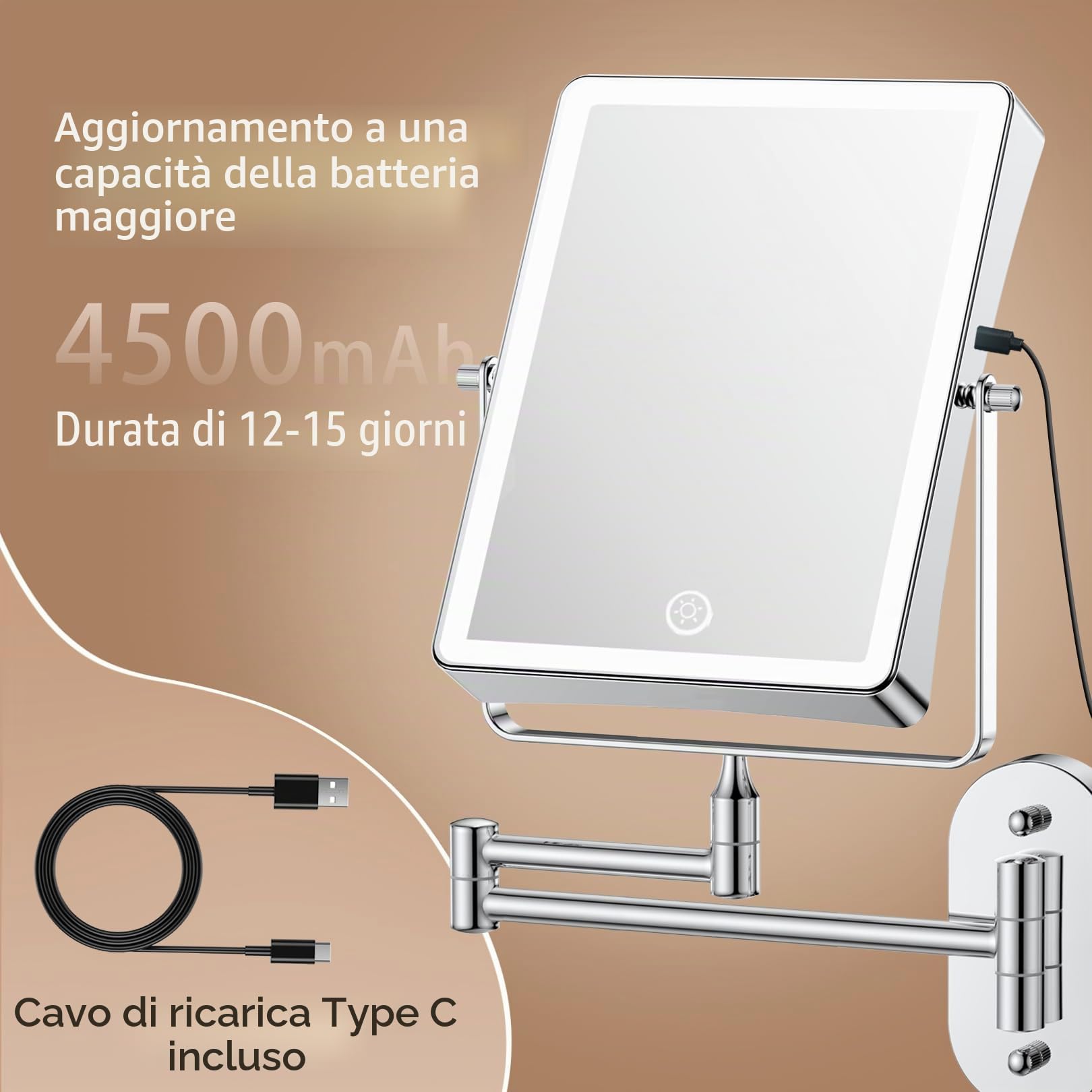 Famihomii Specchio cosmetico ricaricabile con illuminazione a LED, 4500mAh specchio da trucco con ingrandimento 1/30X e interruttore touch a batteria, specchio da barba regolabile a 360°