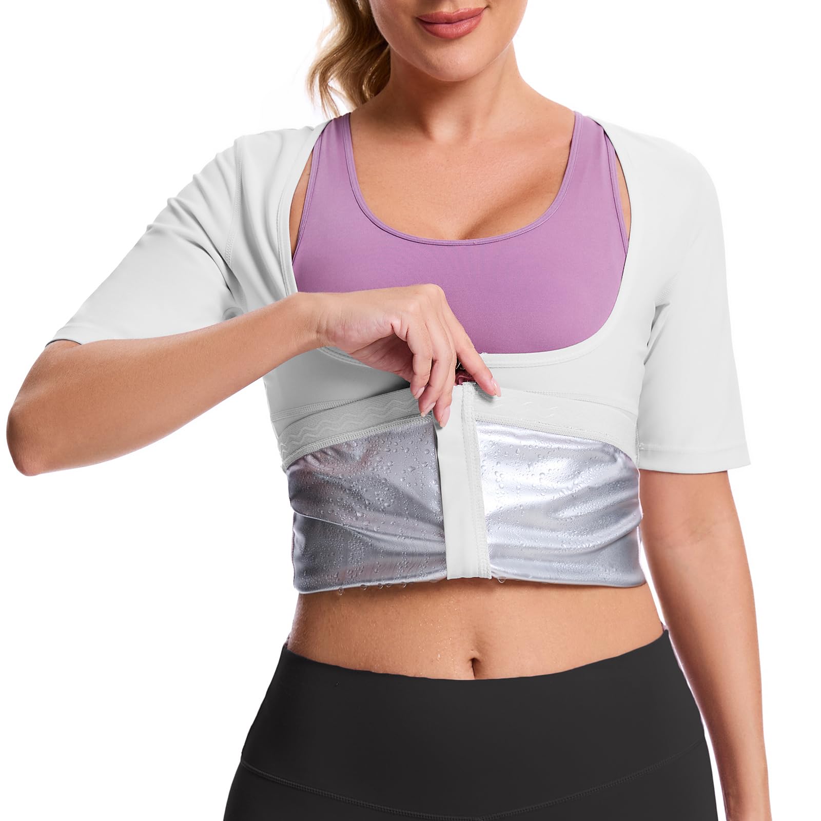 CEIUEO Sauna Suit for Women Sauna Shirt for Women Sweat Body Shaper Waist Trainer Top with Zipper(WTGY L)