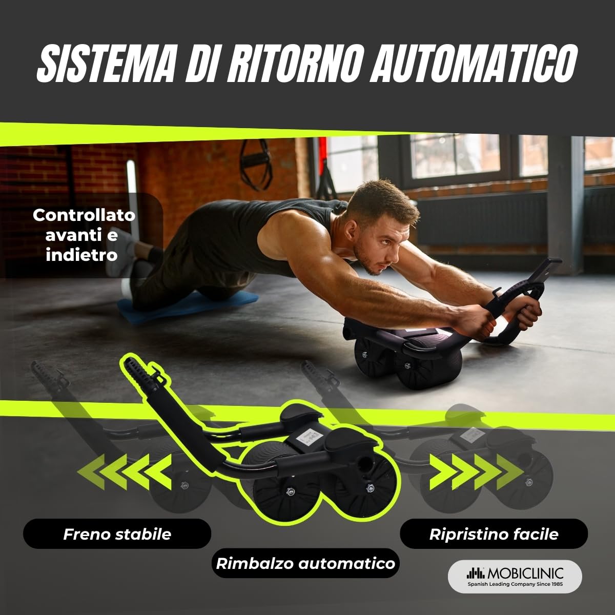 Mobiclinic®, Ruota addominale con rimbalzo automatico, Ab roller, Supporto per i gomiti, Timer digitale, Tappetino antiscivolo, Doppia, Portacellulare, Ra-02, Palestra domestica, Fitness