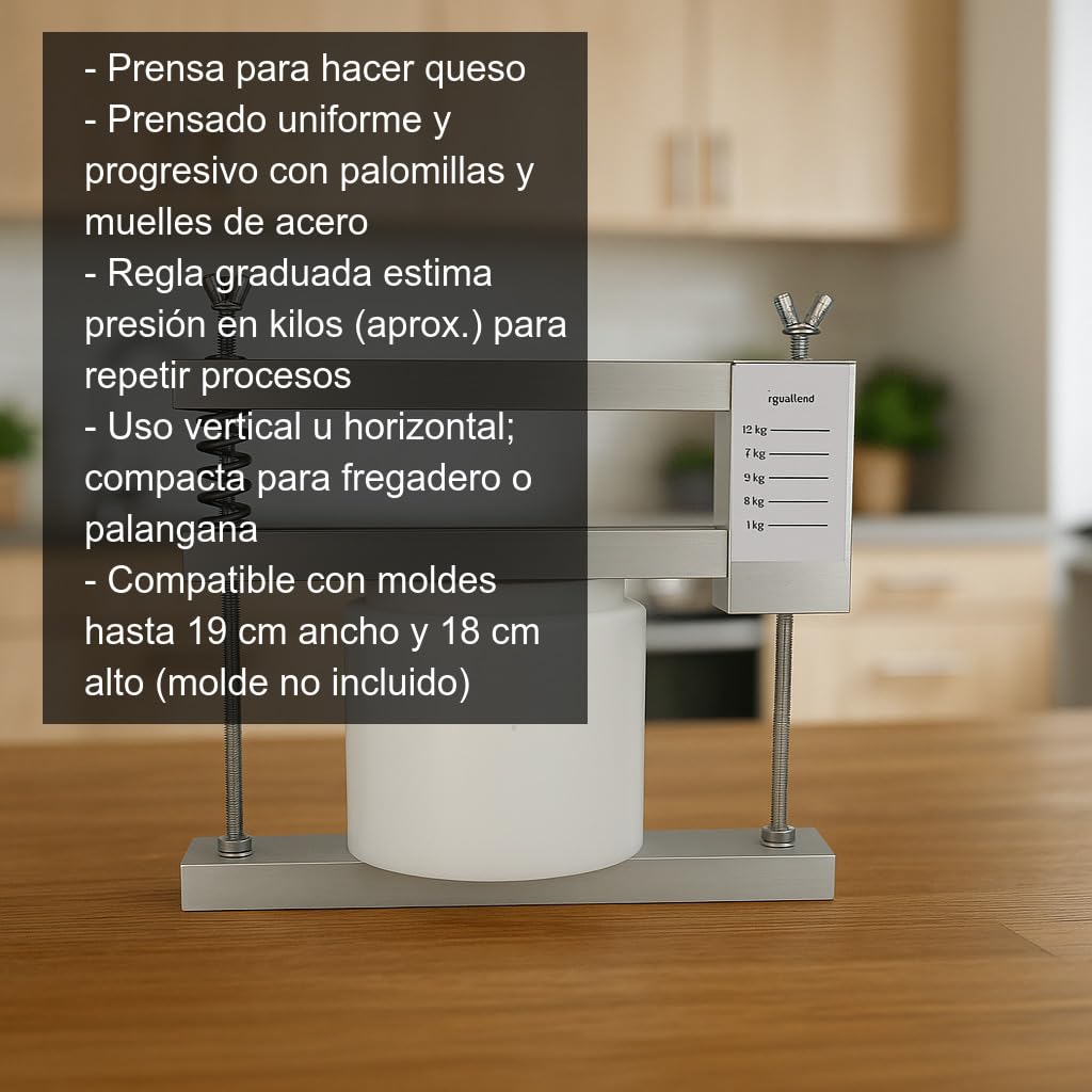 Cocinista Prensa para Hacer Queso Casero con Regla Graduada, Prensado Uniforme y Control de Presión, Acero Inoxidable y Aluminio, Compatible con Moldes hasta 19x18 cm