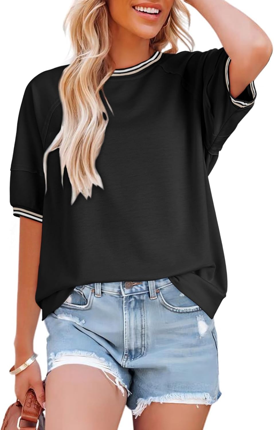 Dokotoo T Shirts for Women Striped Color Block Loose Fit Round Neck Womens Tops Fashion 2025 Oversized Tshirts for Women