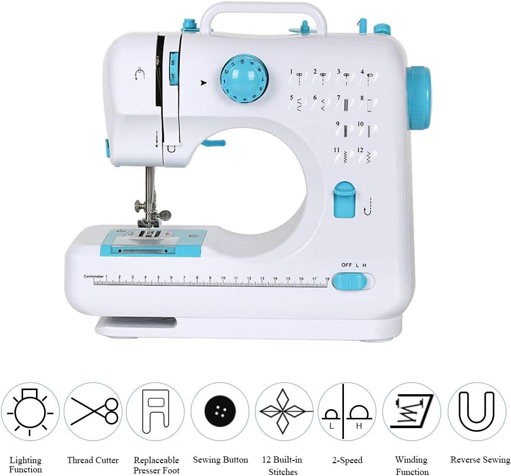 BTY Mini Sewing Machine N5 with icons for its 12 built-in stitches and other features
