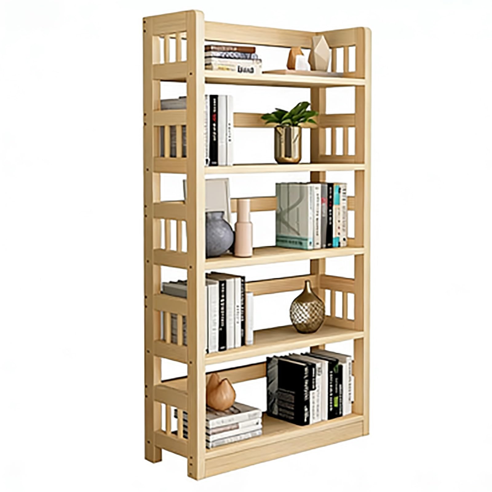 Otwarta Biblioteczka z Litego Drewna, Wolnostojąca Szafka do Przechowywania z Barierkami Przeciwupadkowymi, Wysoki Regał na Książki, Dekoracja Biura Domowego(5-Shelf)