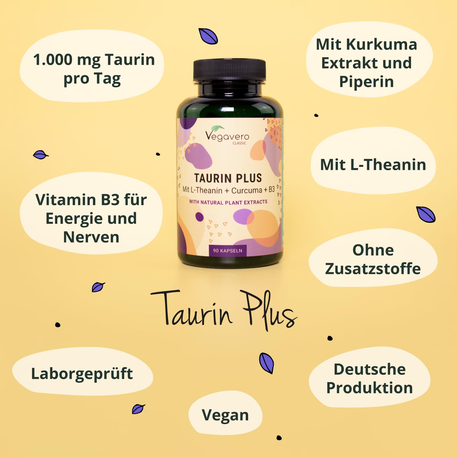 Taurina 1000 mg | Integratori Sport Pre e Post Workout | con L-Teanina, Curcuma e Vitamina B3 | Capsule ad Alto Dosaggio | No OGM | Vegan | Vegavero®
