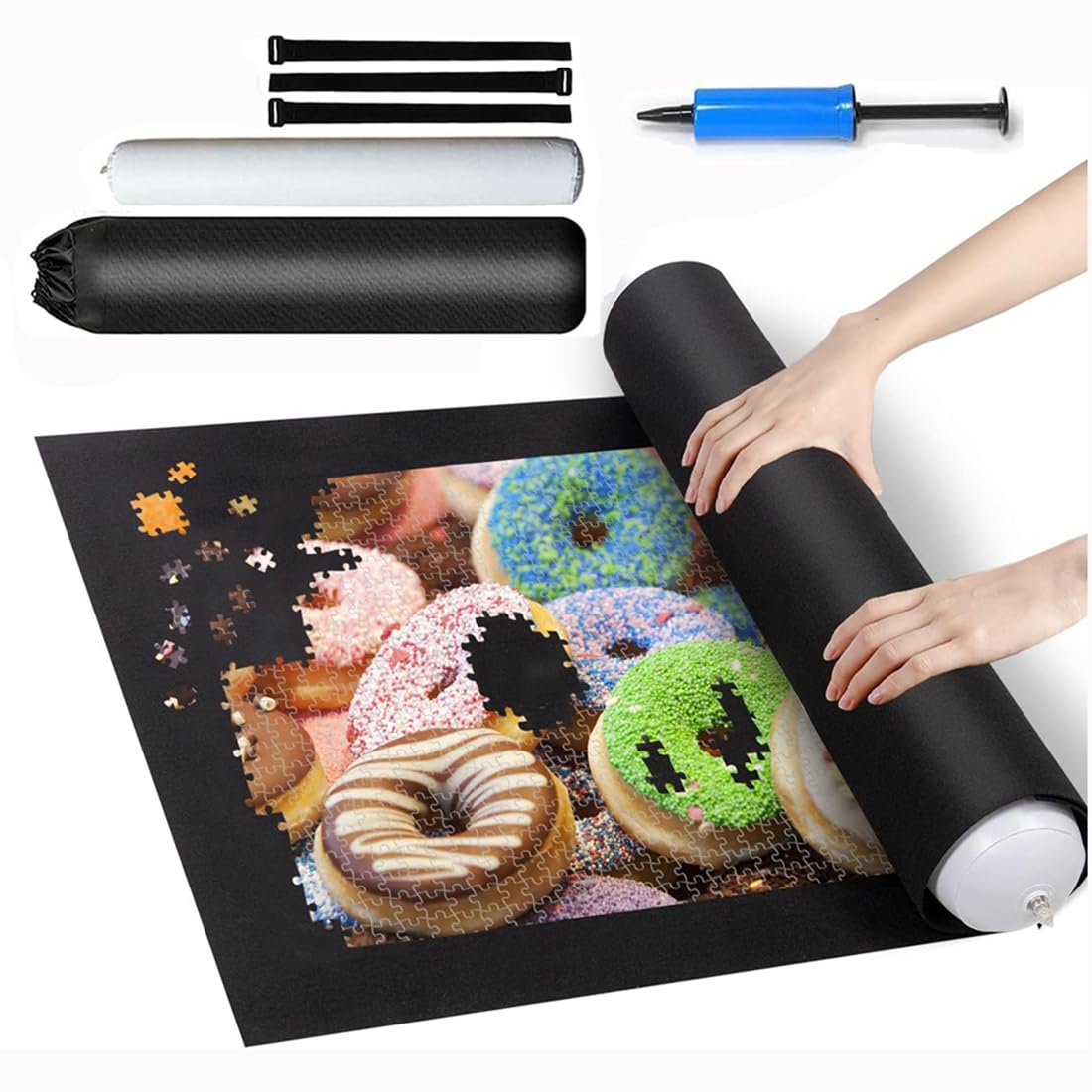 FiTspi Jigsaw Puzzle Storage Felt Mat, Roll Up Mat for Saving Jigsaw Pieces Up to 1,500, Black, Rectangular, 118 x 66 cm, 1500 Pieces