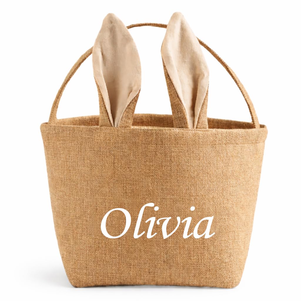 Personalized Easter Basket for Kids, Custom Name Bunny Easter Basket with Ears, Burlap Easter Egg Hunt Basket, Fillable Easter Candy Gift Basket for Boys & Girls