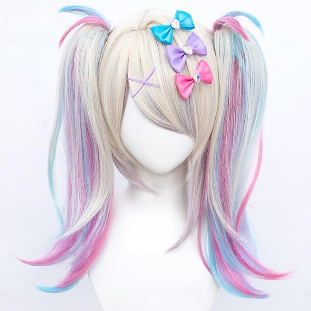 TO KU TOO YUO Game Cosplay Wig  Ombre Colorful Double Ponytails Straight With Bangs Synthetic for Women Heat Resistant Cosplay Hair 45 CM