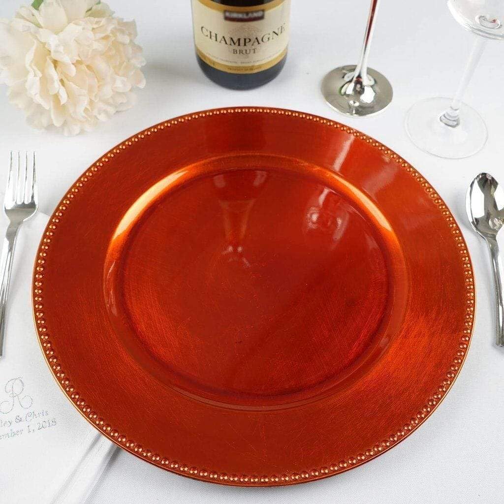 Balsa Circle 6 pcs 13-Inch Orange Crystal Beaded Round Charger Plates | Serving Dinnerware Set for Wedding Reception Event Catering Decorations Bulk Supplies