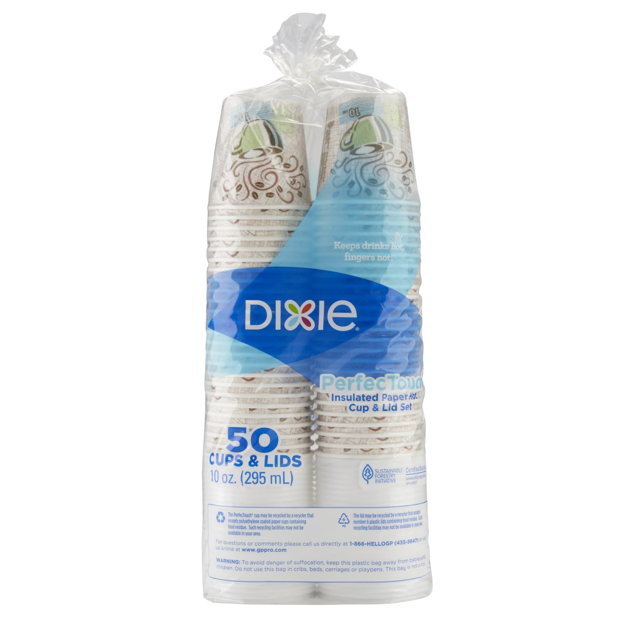 Dixie PerfecTouch Paper Hot Cups and Lids Combo, 10 oz, Multicolor, 50 Cups/Lids/Pack