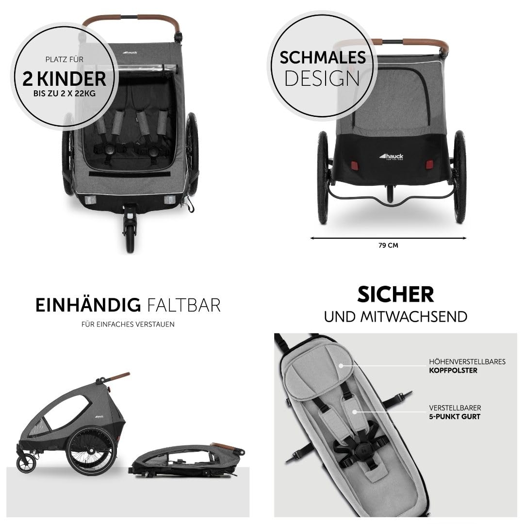 hauck 2in1 Fahrradanhänger Dryk Duo Set inkl. Baby Lounger | Zwillingsanhänger und Kinderwagen für 2 Kinder | faltbar & gefedert, XL Luftreifen