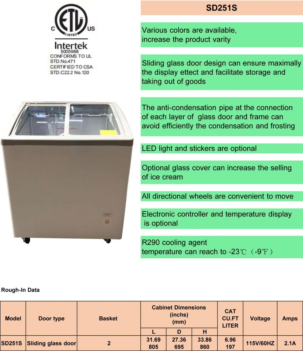 Commercial Display Freezer, ETL Gelato Ice Cream Dipping Cabinet Glass Showcase, 31