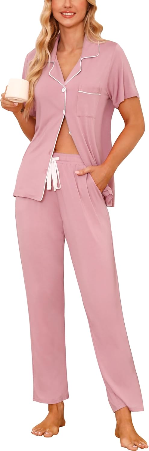 Samring Women Pajamas Sets 2 Piece Short Sleeve Soft Sleepwear Pjs Lounge Set Button Down Nightwear with Long Pants