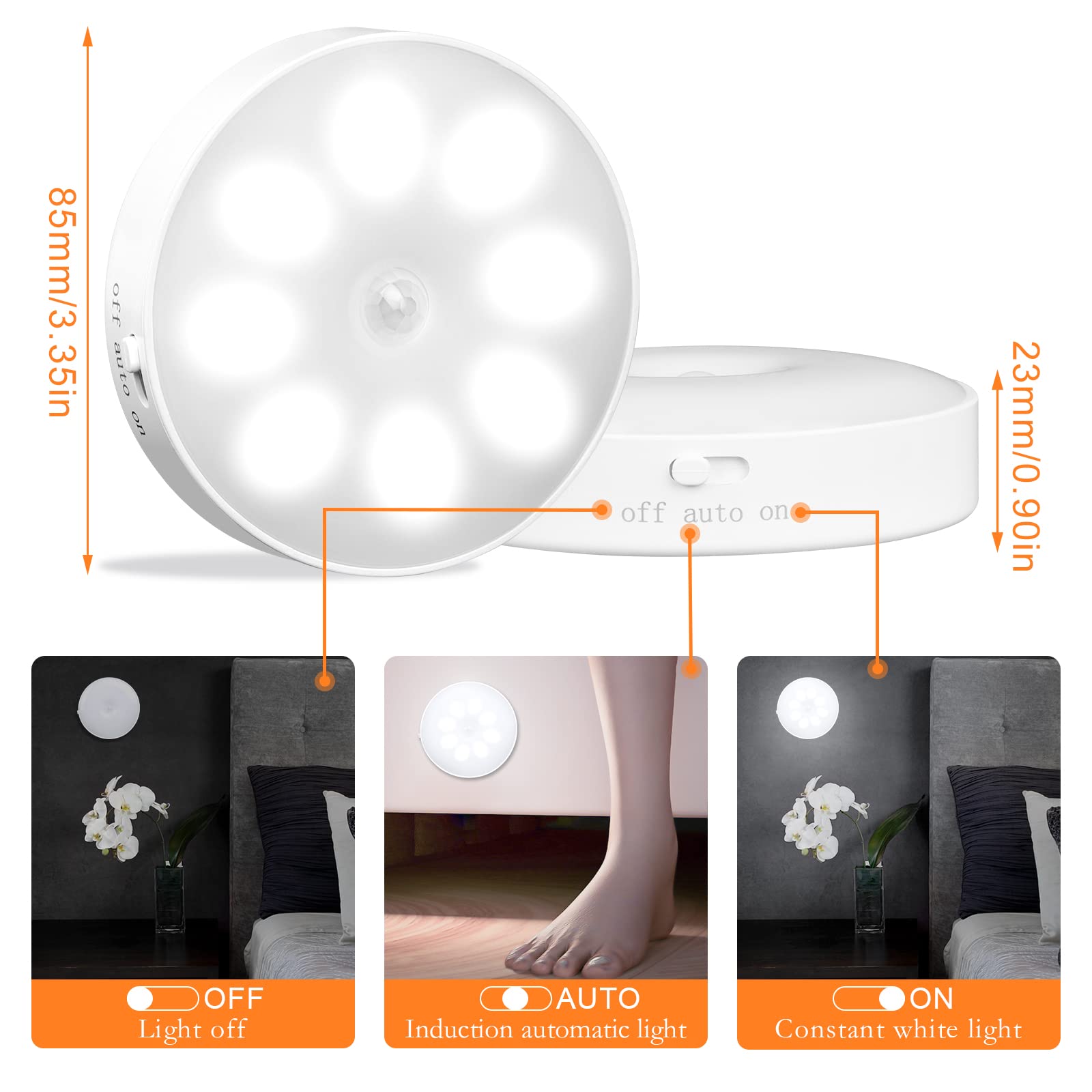 KEWUZY 6-pack Luz Nocturna Sensor Movimiento Recargable por USB, de Armario, 8 LED, 3 Modos (Auto/On/Off) para Armarios, Pasillo, Escalera, Sótano, Garaje(Blanco Frío)