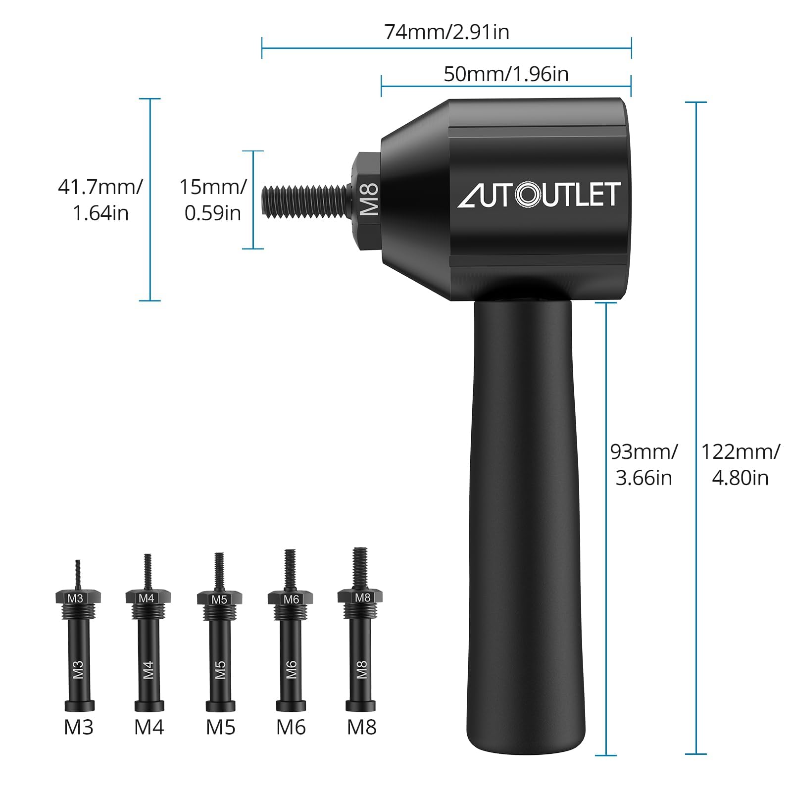 AUTOUTLET Adaptador de Remachadora para Taladro, 5 Mandriles Reemplazables M3-M8, Compatible con Tuercas de Aluminio y Acero (Negro)