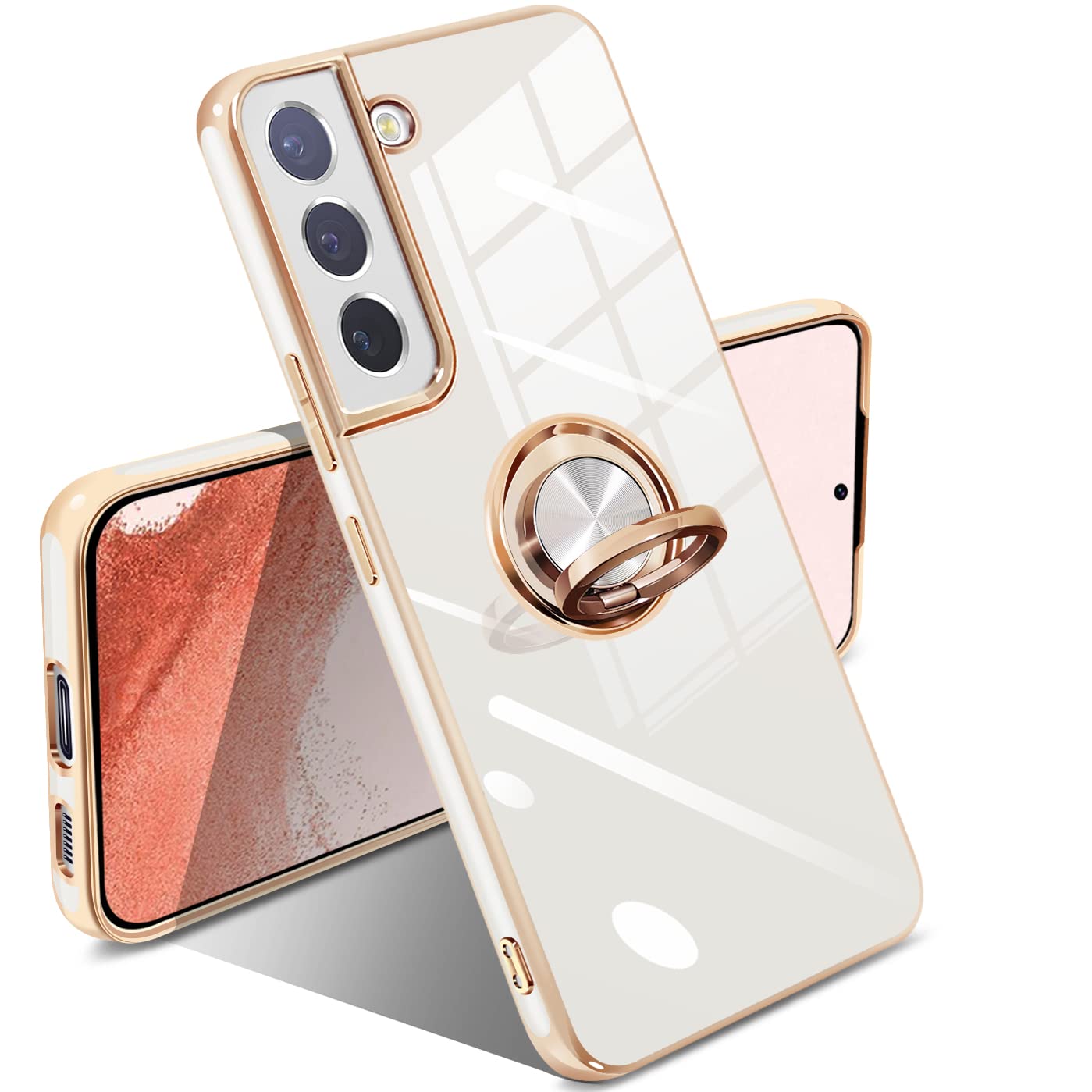 Galaxy S22 ケース リング付き リング 耐衝撃 SC-51C SCG13 カバー 携帯カバー TPU 軽量 スタンド機能 車載ホルダー対応 360°回転 指紋防止(白)
