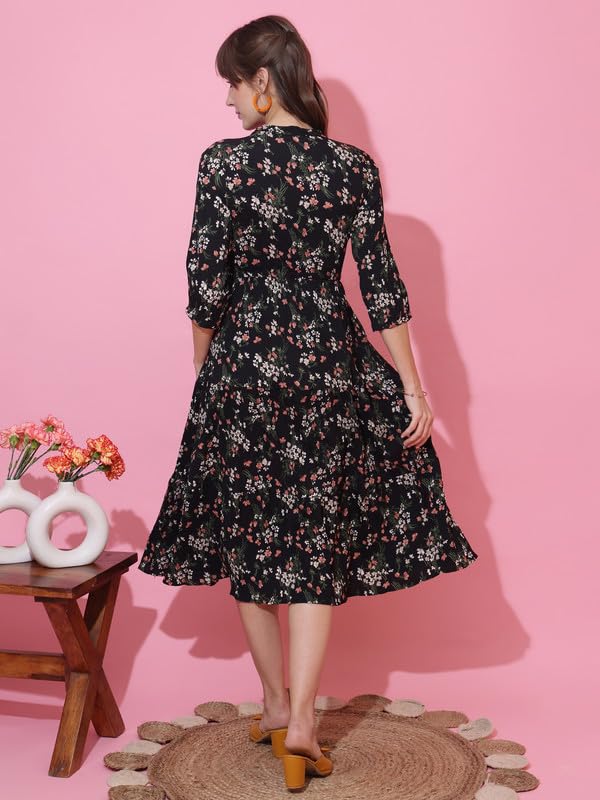 Image of Sheetal Associates Women's Casual 3 /4 Sleeve Crepe Fit and Flare Dress| Comfortable Relaxed Fit Summer Party Dress