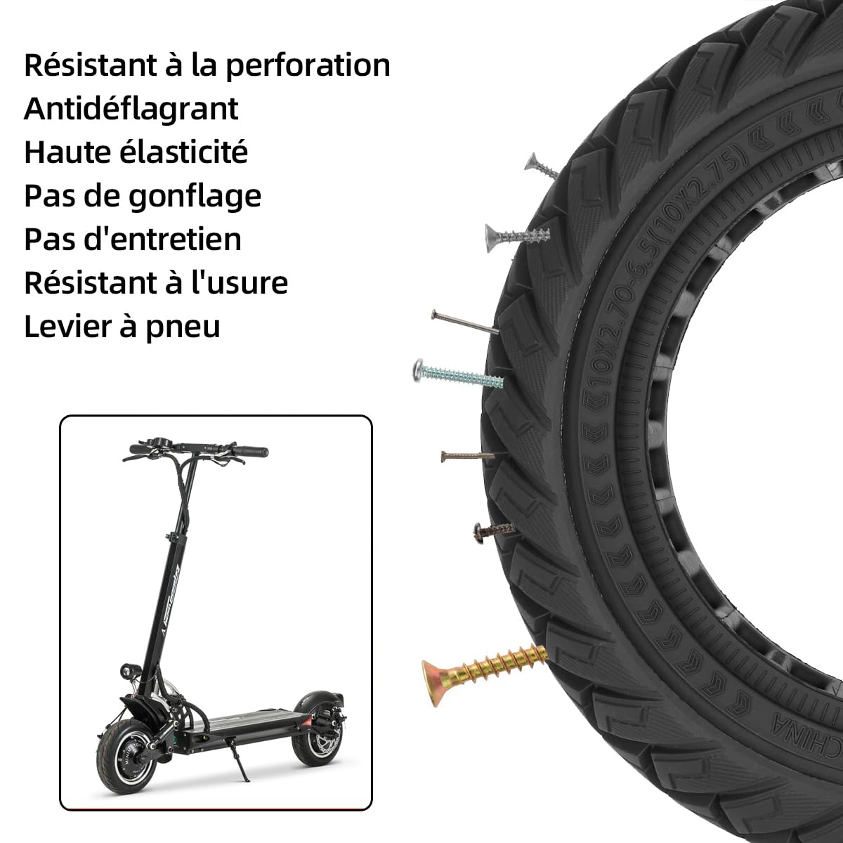 Pneu Plein 10x2.75-6.5 Anti-Crevaison Pour Speedway 5 & Dualtron 3 – Nid D’Abeille, Antidérapant, Tubeless