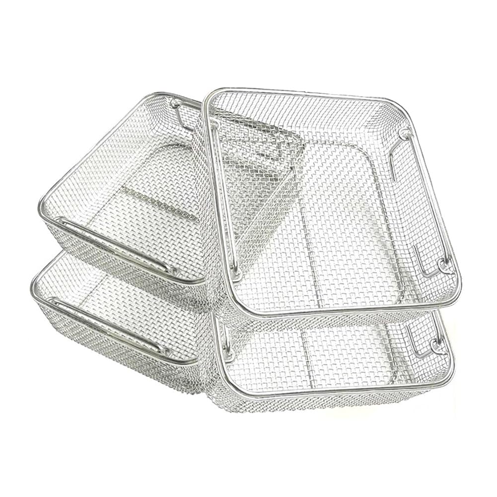 Vassoio per sterilizzazione strumenti, cestini in rete in acciaio inossidabile con manico retrattile, 25 cm x 20 cm x 7 cm, per uso ospedaliero e laboratorio, 4 pezzi