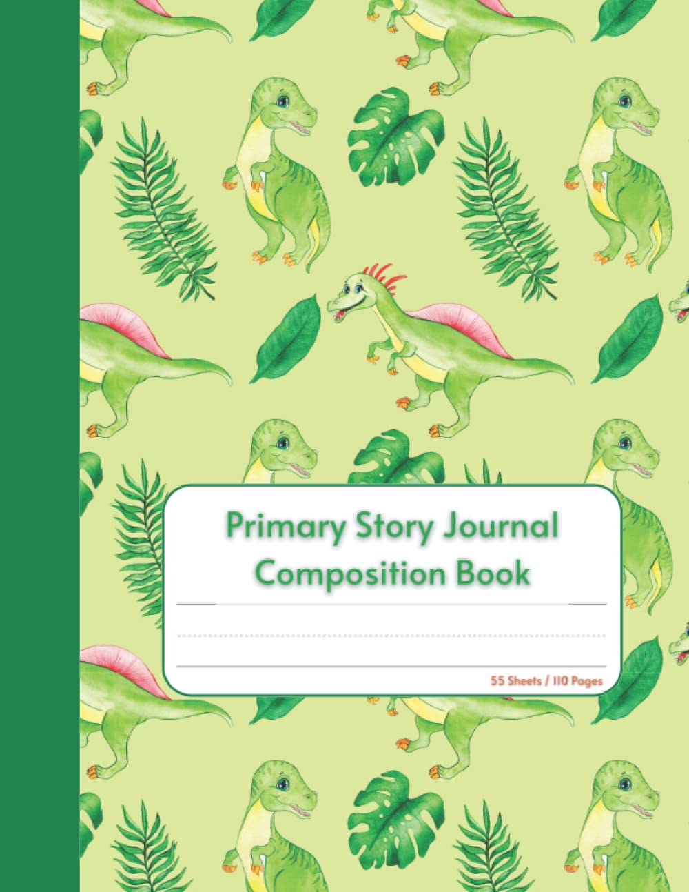 Primary Story Journal Composition Book: Green Dinosaur - Dotted Midline and Picture Space, Grades K-2 Composition School Exercise Book, 8.5" x 11" (Cute Dinosaur Notebooks For Kids)