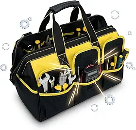 Bolsa de Ferramentas Profissional - Maleta de Ferramentas Profissional 16 Compartimentos, Preta e Amarela, Impermeável, Fundo Reforçado, Design Ergonômico em Tecido Oxford 600D, 45x24x31cm