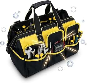 Bolsa de Ferramentas Profissional - Maleta de Ferramentas Profissional 16 Compartimentos, Preta e Amarela, Impermeável, Fundo Reforçado, Design Ergonômico em Tecido Oxford 600D, 45x24x31cm