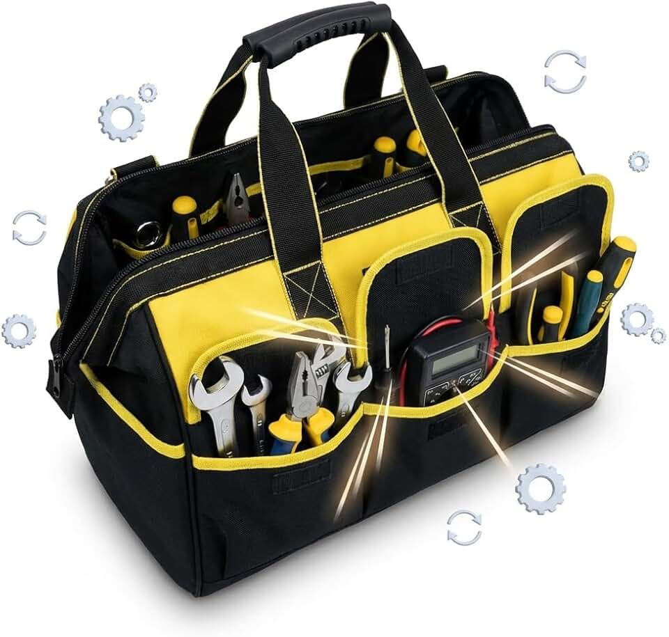 Bolsa de Ferramentas Profissional - Maleta de Ferramentas Profissional 16 Compartimentos, Preta e Amarela, Impermeável, Fundo Reforçado, Design Ergonômico em Tecido Oxford 600D, 45x24x31cm