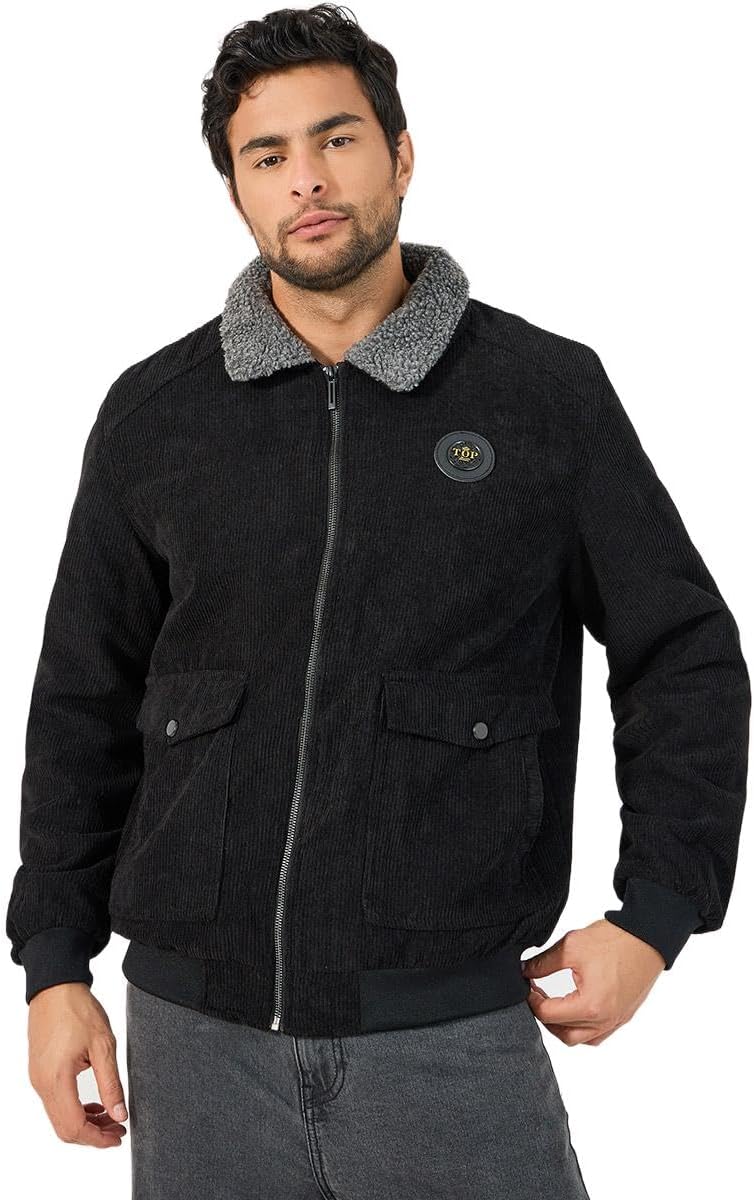 Styli Men Faux Fur Collar Corduroy...