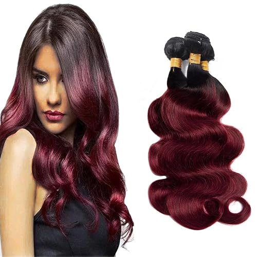 #1B99j - Extensiones de cabello humano brasileño Remy color burdeos, color burdeos ondulado de 12, 14, 16 pulgadas, doble trama para mujeres negras