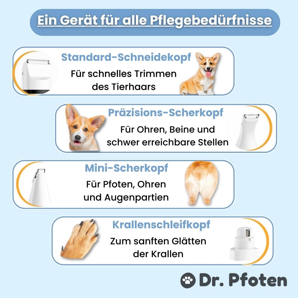 dr pfoten MultiTrim Pro - Die stressfreie 4-in-1 Hundeschermaschine Leise Schermaschine für Hunde und Katzen, IPX7 Wasserdicht Profi Trimmer mit 4 Trimmerköpfen, Pfotentrimmer
