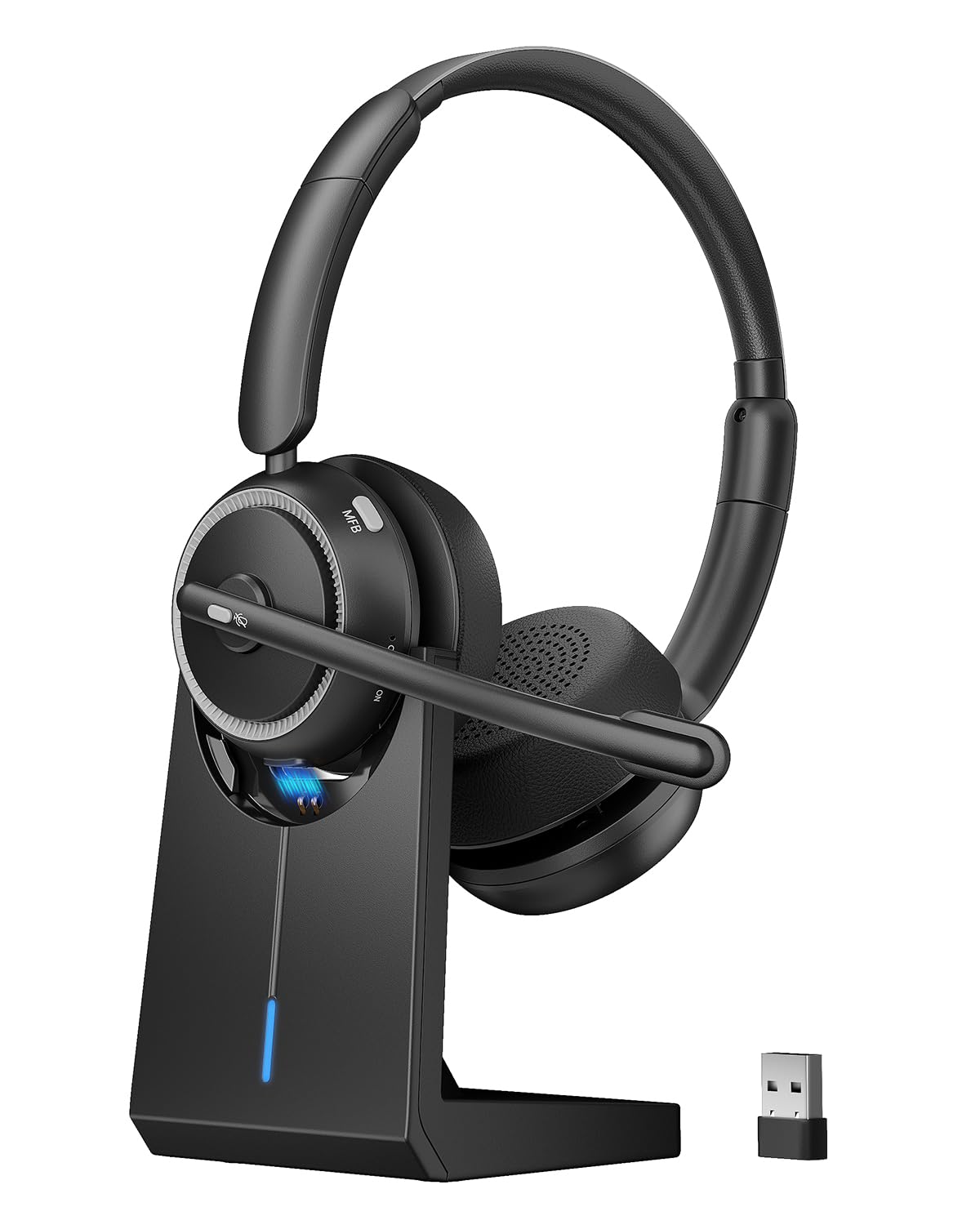 Wireless Bluetooth Headset with Microphone, ANC/ENC Noise Canceling, Mic Mute, PC Headphone with USB Dongle & Charging Station for Office, Call Center, Phone, Trucker-image-36