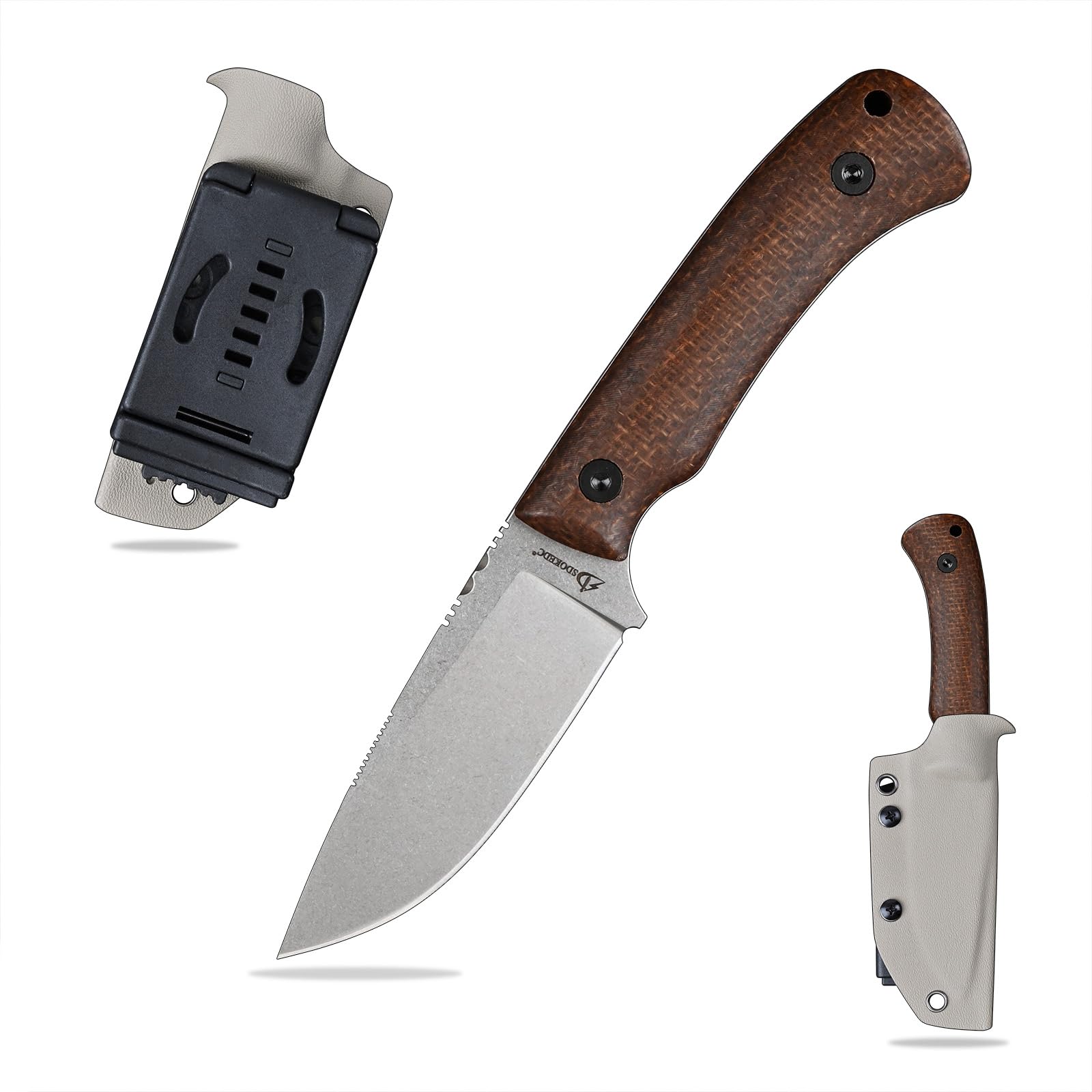 SDOKEDC Knives DC53 Steel Tactical Hunting Fixed Blade Knife Micarta Handle with kydex sheath for Men EDC Outdoor Camping Survival (White stone wash+Micarta handle)
