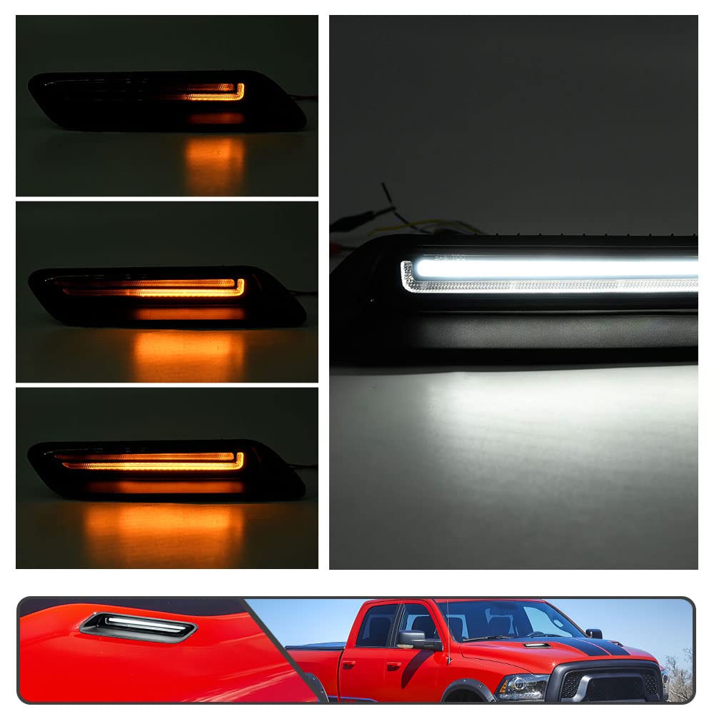 Mingrui test 2Pcs White&Amber LED Hood Scoop Light for 2010-2018 Ram 1500 Sport Hood Air Flow Vent Grille Lamp with DRL Turn Signal Lights Functions Smoked Lens