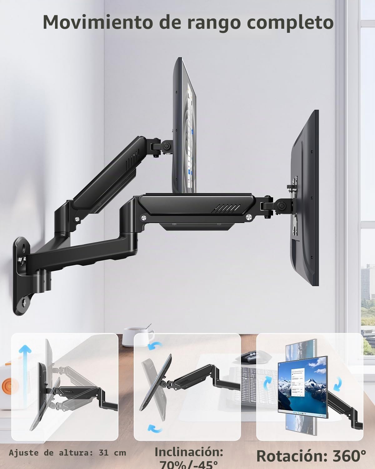 ELIVED Soporte de Pared para Monitor Dual para MAX. 32 Pulgadas hasta 9 kg, VESA 75/100 mm, Gas Lift PC 2 Soporte de Monitor de Pared 360° Giratorio EV6022