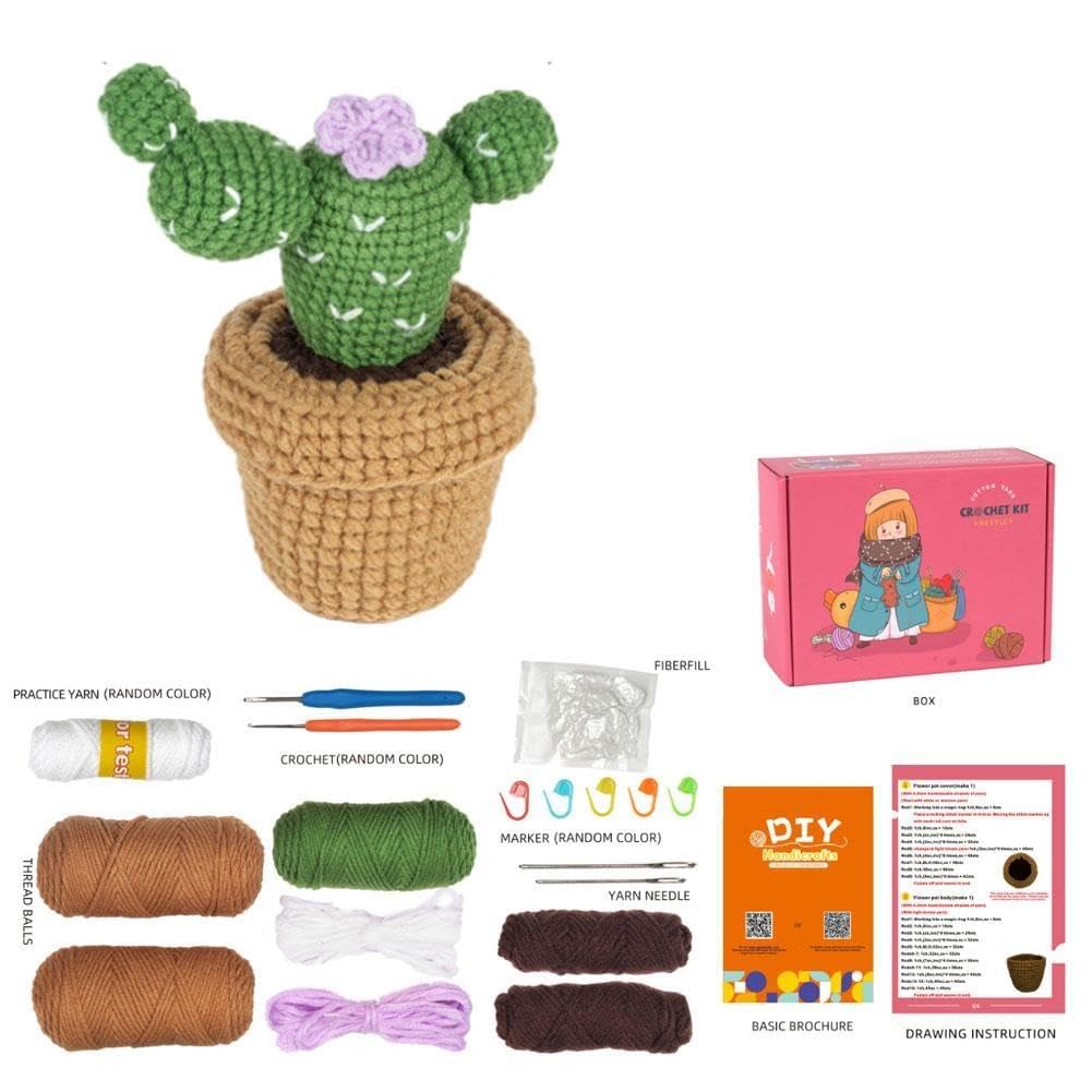 Mecmbj Kit Uncinetto Principianti, 6 Vasi per Piante di Cactus Crochet Kit, Set Uncinetto Principianti con Istruzioni Video Passo di Inglese, per Adulti e Bambini(Cactus in Vaso