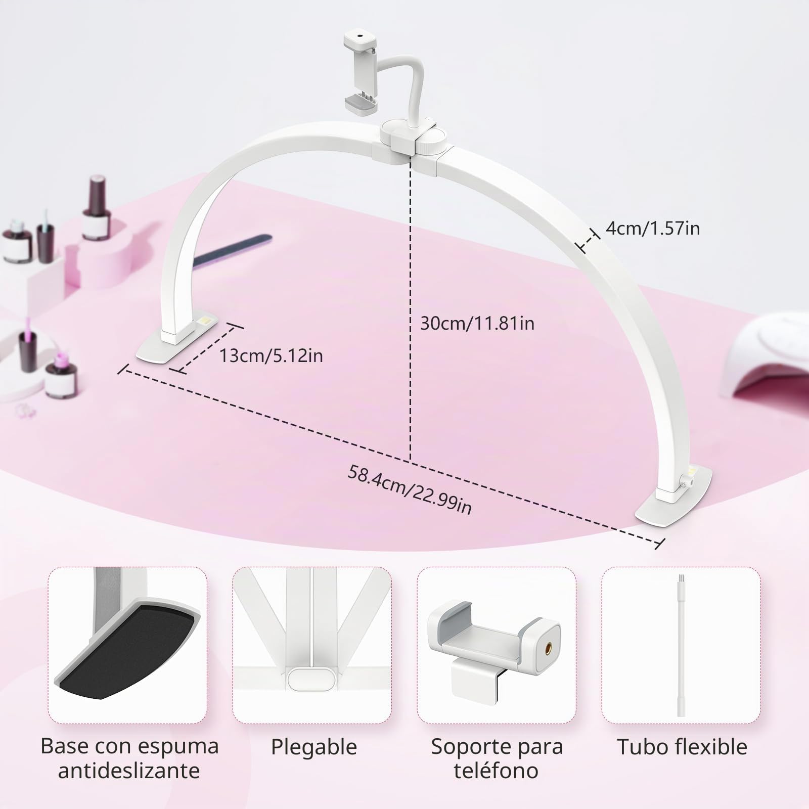 Lámpara de Media Luna para Manicura: Lámpara de Arco de 58 cm para Manicuristas con Soporte para Teléfono para Principiantes - 3 Modos de Color y 10 Niveles de Brillo Ajustables - Lámpara de Uñas
