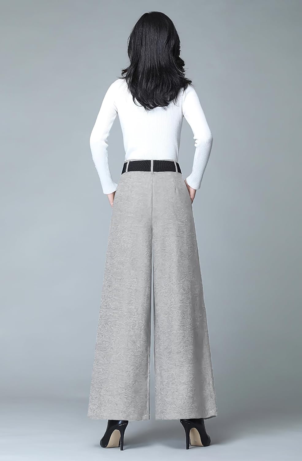 chouyatou Women's Casual Wide Leg Wool Blend Pants Baggy Culotte High Waisted Pleated Loose Long Trousers - Image 2