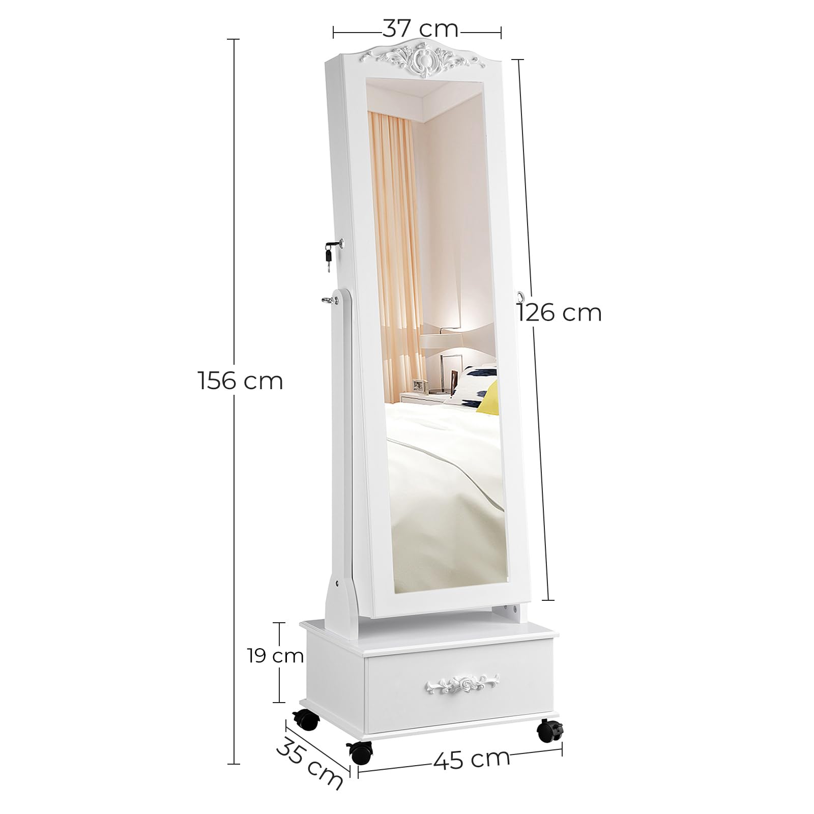 SONGMICS Armario Joyería Ruedas Organizador Joyas Cerradura Luces LED 3 Cajones Espejo Blanco JBC61W
