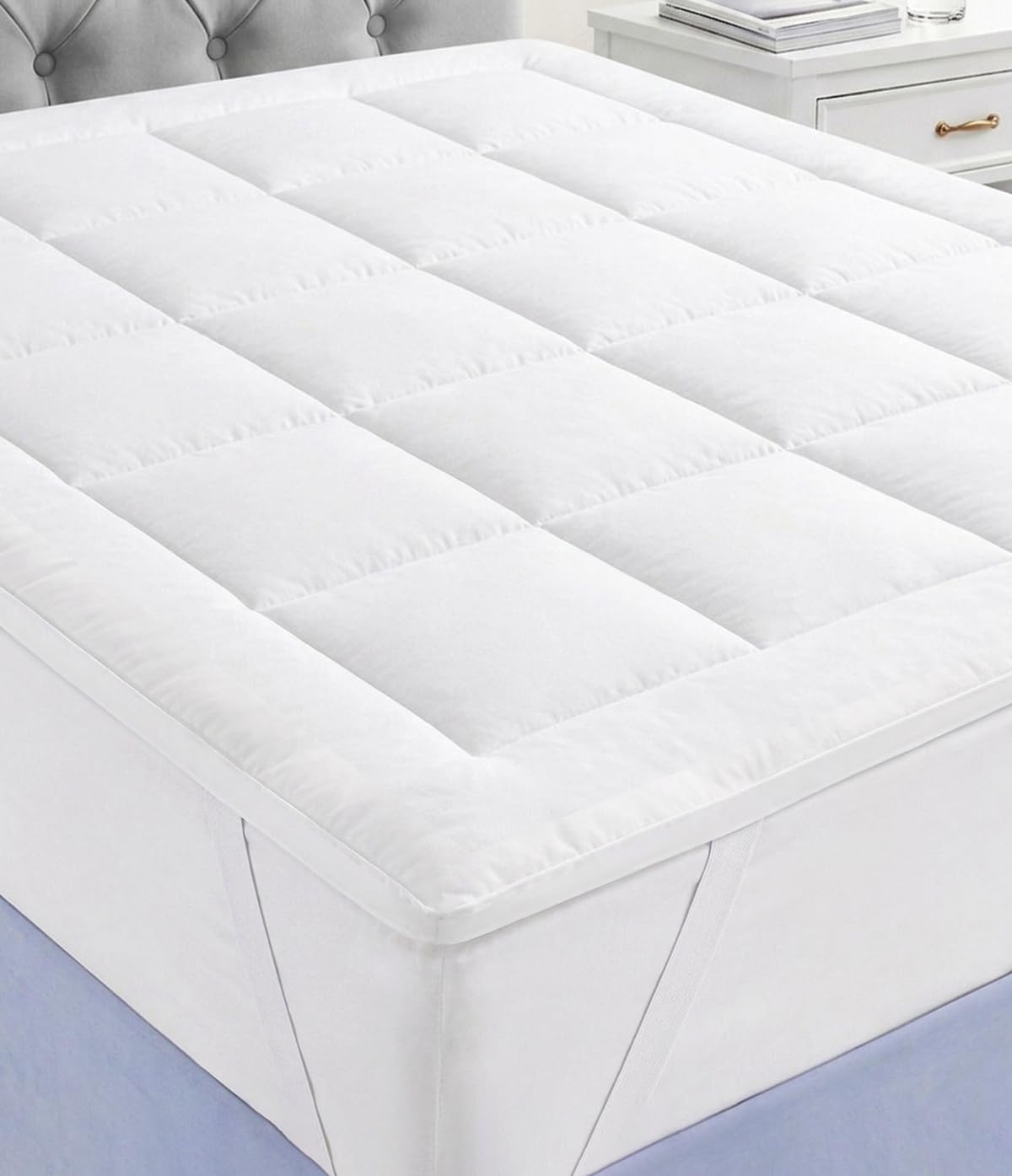 Photo 1 of Favulo Queen Size Mattress Topper 0.5 inch, Plush Polyester Fiber Bed Topper for Soft Support & Pain Relief, 4 Elastic Corner Straps, White