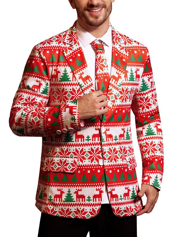 Men Xmas Jacket Ugly Christmas Suit Long Sleeve Red Novelty Pixel Reindeer Button Blazer with Tie XL