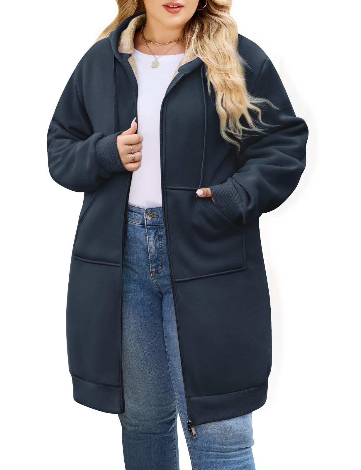 CMTOP Longue Sweat Zippé Femme Cotton Chaud Veste à Capuche Oversize Casual Manteau en Polaire Grand Taille avec Poches Hoodie Chic et élégant Automne Hiver Outerwear