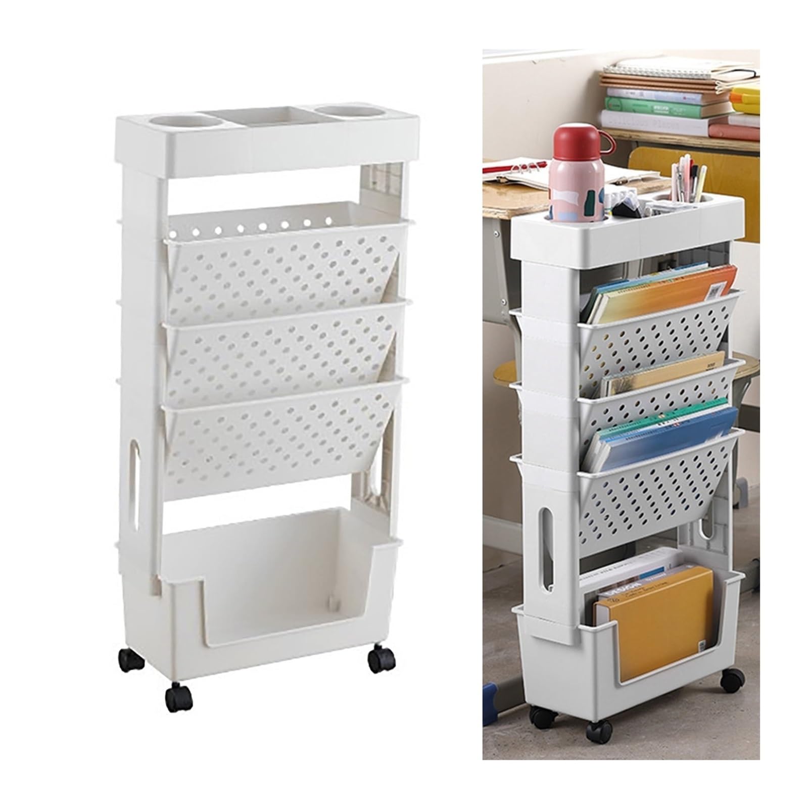 Carlong Mobile Bookshelf on Wheels, 5 Tier Multi-Functional Movable Storage Book Shelves Rolling Utility Cart with Lockable Casters for Study Office Deskside Book Shelf (Color : White)