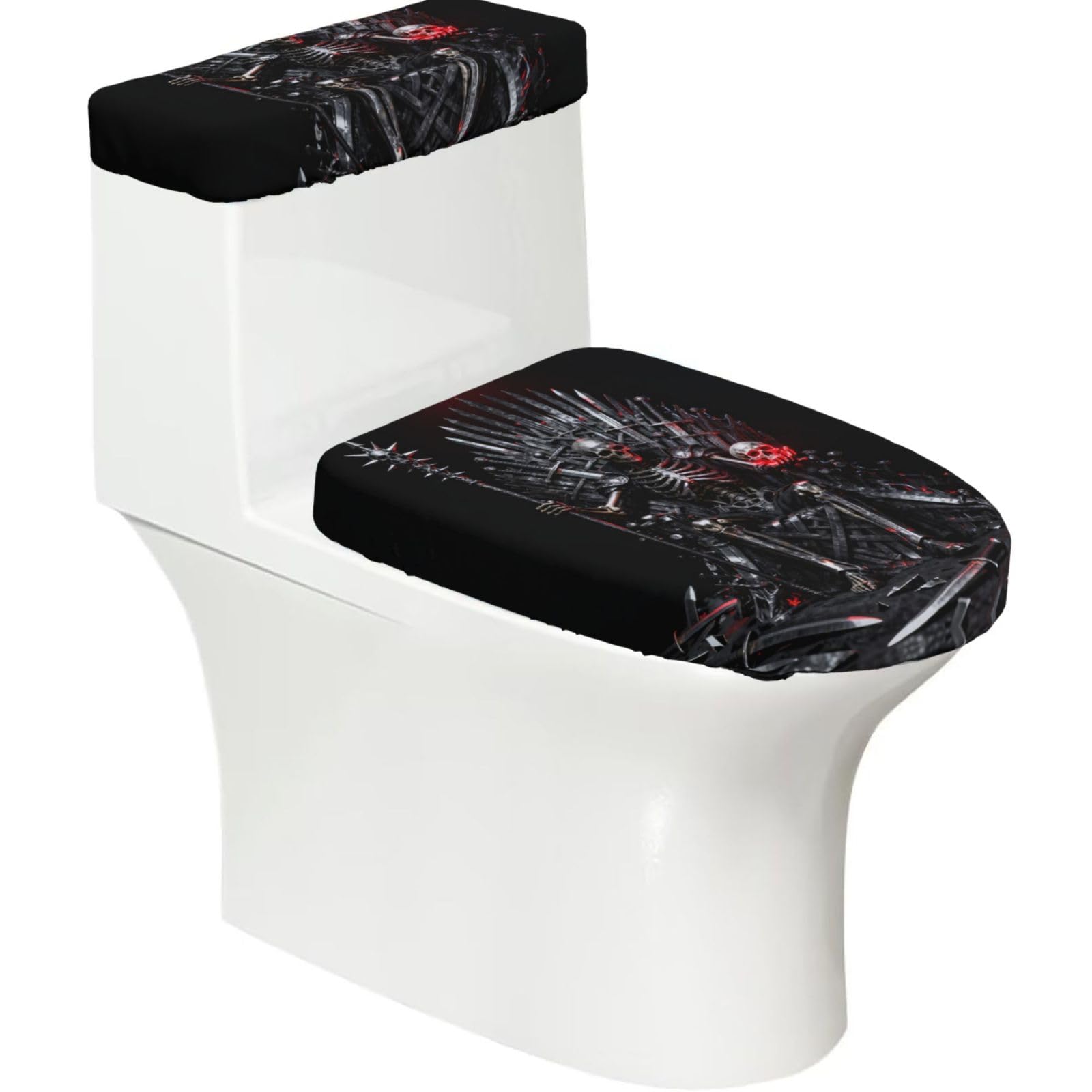 Skeleton Elastic Toilet Cover Set of 2-Stretchy Lid and Tank Covers for Bathroom, Soft Washable U Shape Toilet Decor