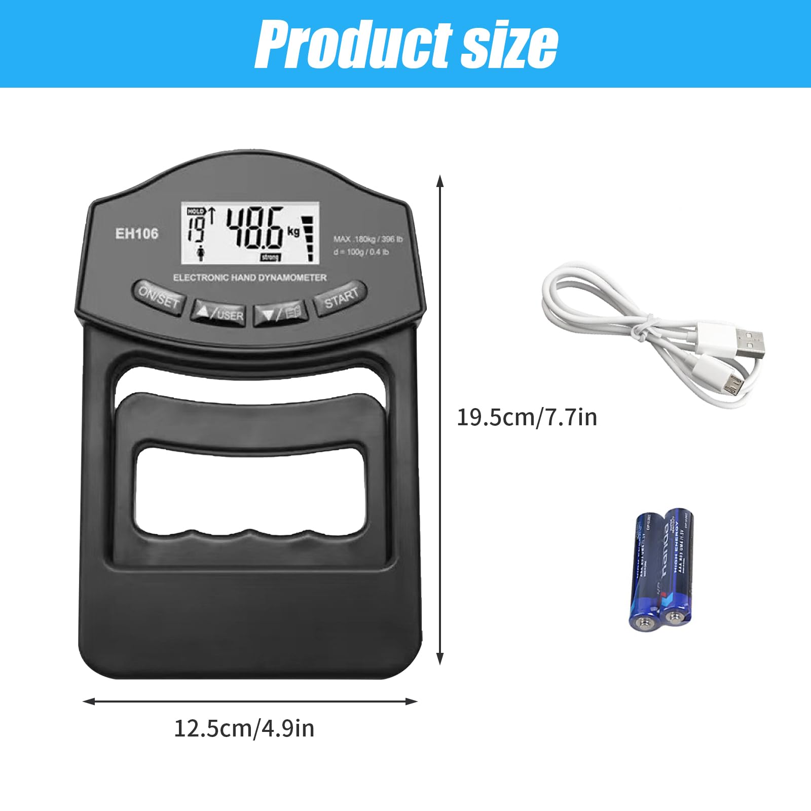 Appareil de mesure de force manuelle numérique, 180 kg, dynamomètre manuel, mesure de force de préhension électronique, mesure de la force de préhension avec écran LED (noir)