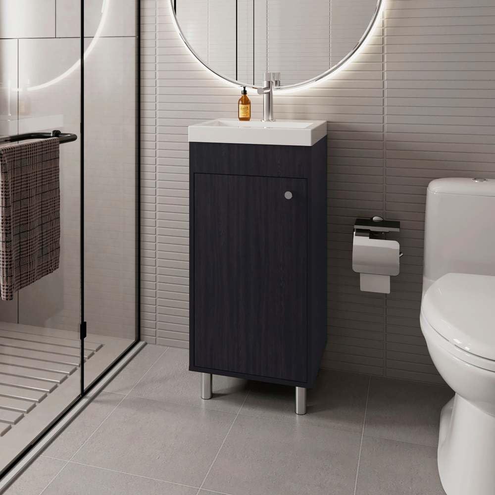 15.8 Inch Bathroom Storage Cabinet, Small Vanity with Open Shelves &amp; Door, Freestanding Corner Organizer (Black)