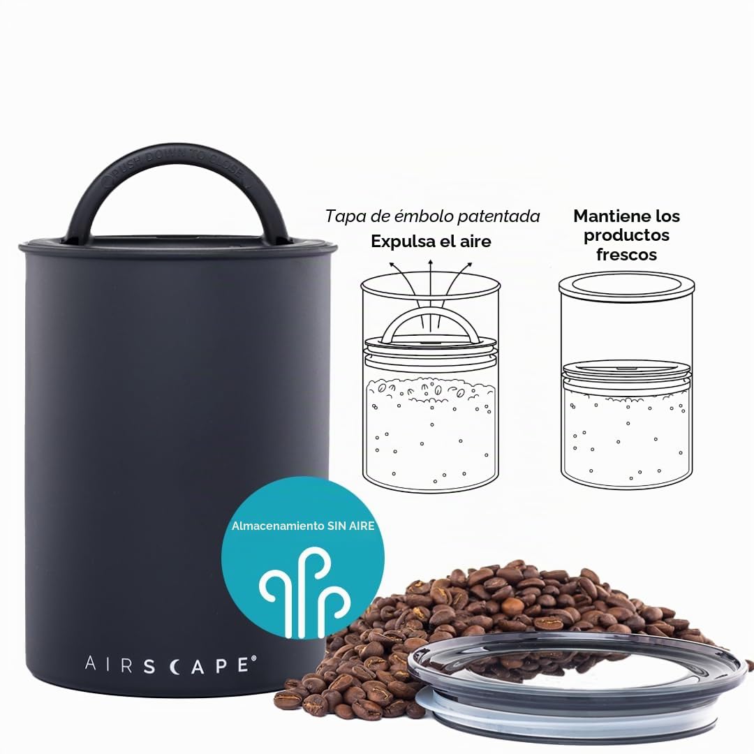 Airscape Bote de Almacenamiento de café en Grano y Comida | Acero Inoxidable | con Tapa hermética patentada Que conserva la frescura de los Alimentos | Capacidad: 500 gr | Color: Negro Mate