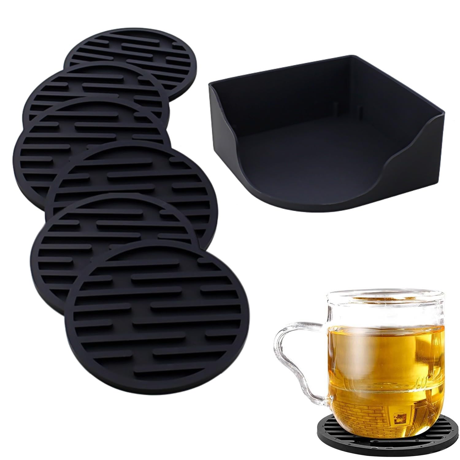 WUBAYI 6pcs Silicone Coasters, Drink Coasters with Holder, Thickened Drainable Suitable for Cold & Hot Drinks, Home, Bar, Office, Non-Stick, Easy to Clean (Black)