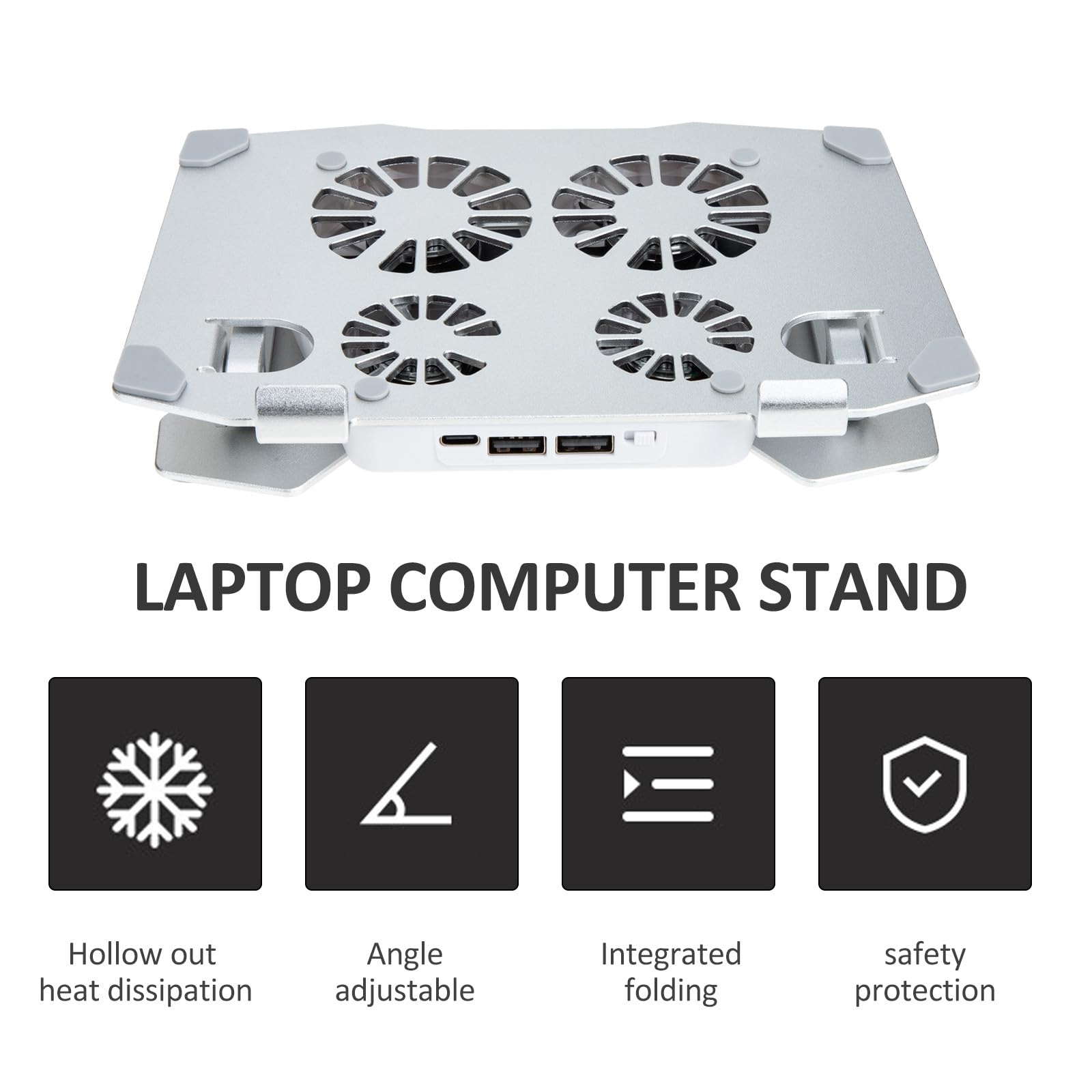 SHINEOFI Supporto per Laptop Regolabile in Altezza e Angolo 4 Ventole di Raffreddamento Silenziose, Struttura in Metallo Argento per Ufficio e Casa
