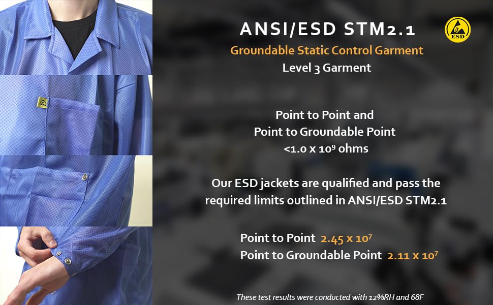 ESD Jacket, Lapel Collar, Snap Cuff, 90% Polyester, 10% Carbon, Level 3 ESD Smock, Black, L2