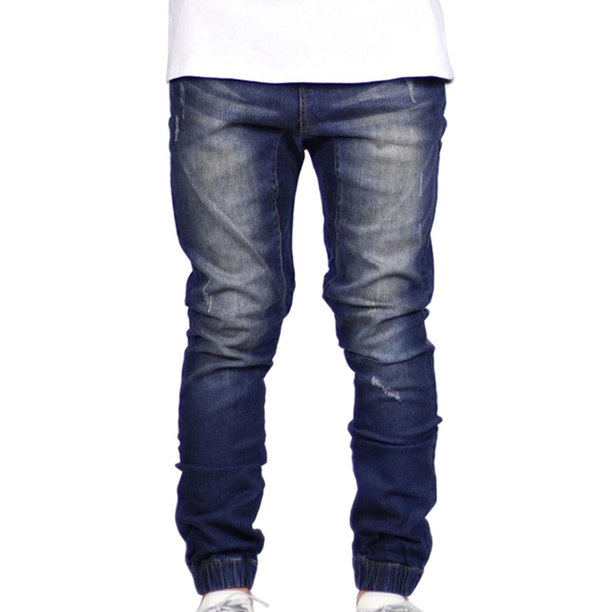 JEKE-DG Mens Washed Tapered Leg Jeans Distressed Skinny Stretch Denim Pants Slim Fit Casual Sweatpants with Pocket (34,Dark Blue 2)