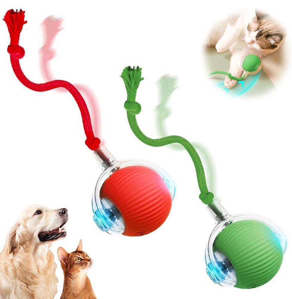 Tiny Fetch Dog Toy, 360° Rolling Interactive Fast Moving Toys Balls with Rope, for Dogs and Cat Indoor Play red+green